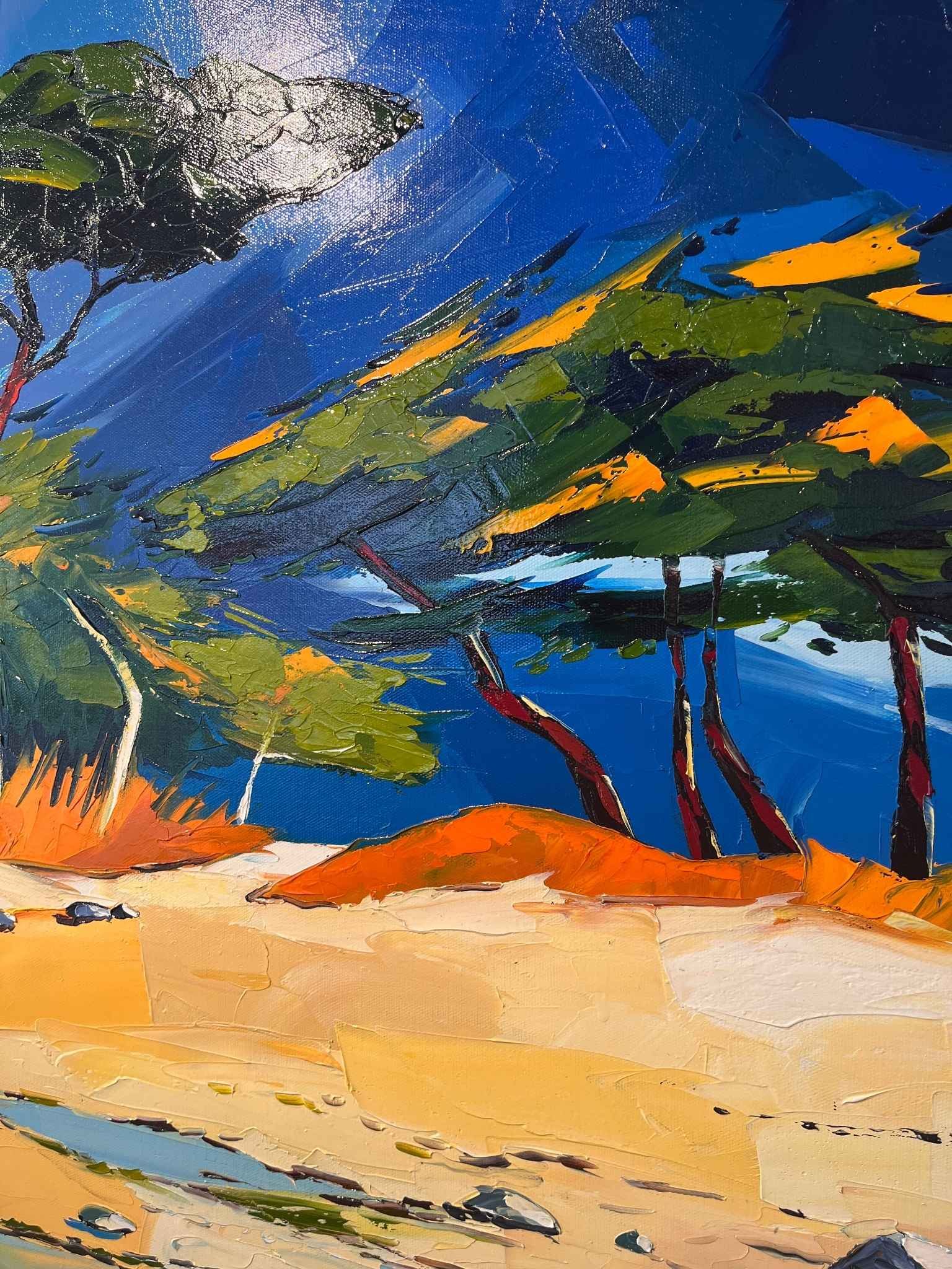 Tableau "Grève aux pins" de Pierrick Tual Galerie Graal Galerie d'art en Ligne Art Contemporain tableau figuratif peinture au couteau tableau sur la mer tableau océan tableau arbre