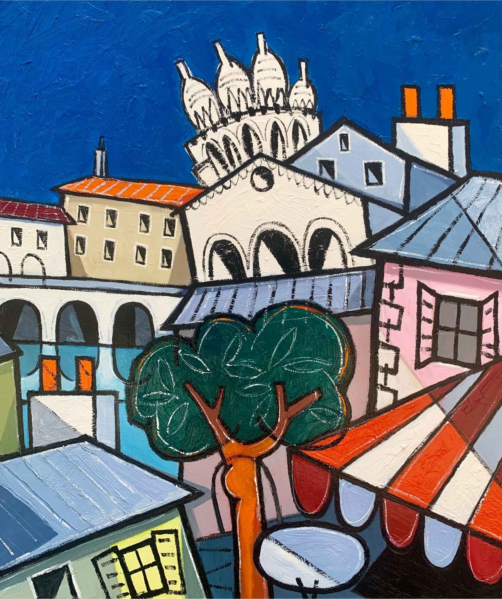 Tableau sur Paris France art naif contemporain par Giuseppe Joseph Piermatteo Galerie Graal Art Contemporain Galerie d'art en Ligne