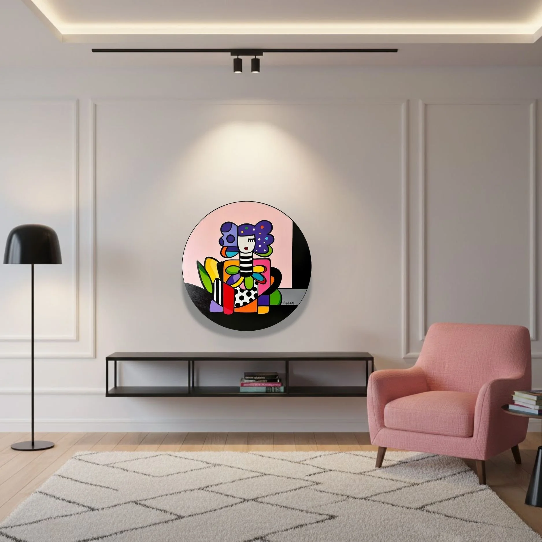 tableau rond pop art d'une femme de Virginia Benedicto pour decoration salon unique Galerie Graal .jpg