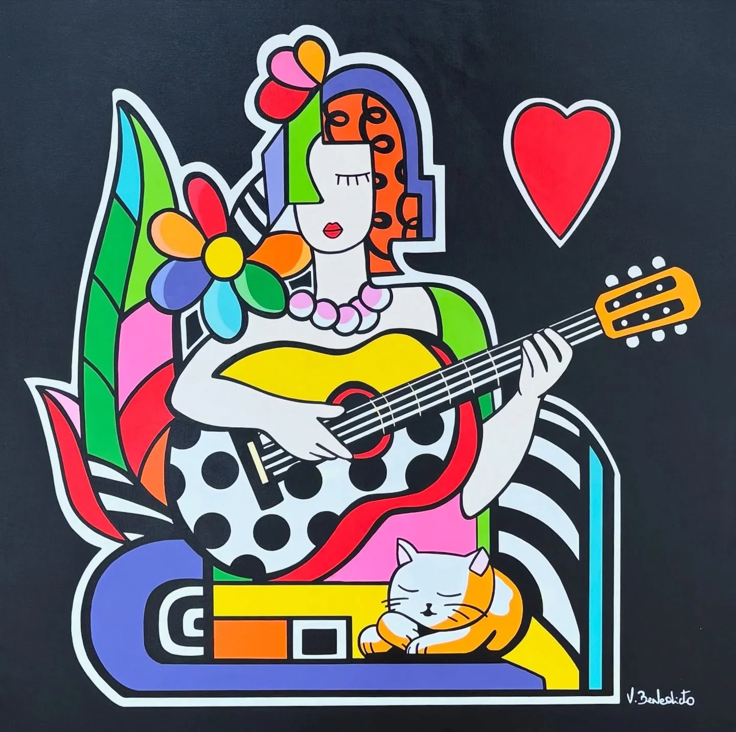 Ce tableau de Virginia Benedicto a trouv&eacute; sa place id&eacute;ale ✨
Admirez comment il vibre au-dessus de ce canap&eacute; en cuir noir, cr&eacute;ant un dialogue color&eacute; avec le mur en pierre brute et la guitare bleue turquoise suspendue