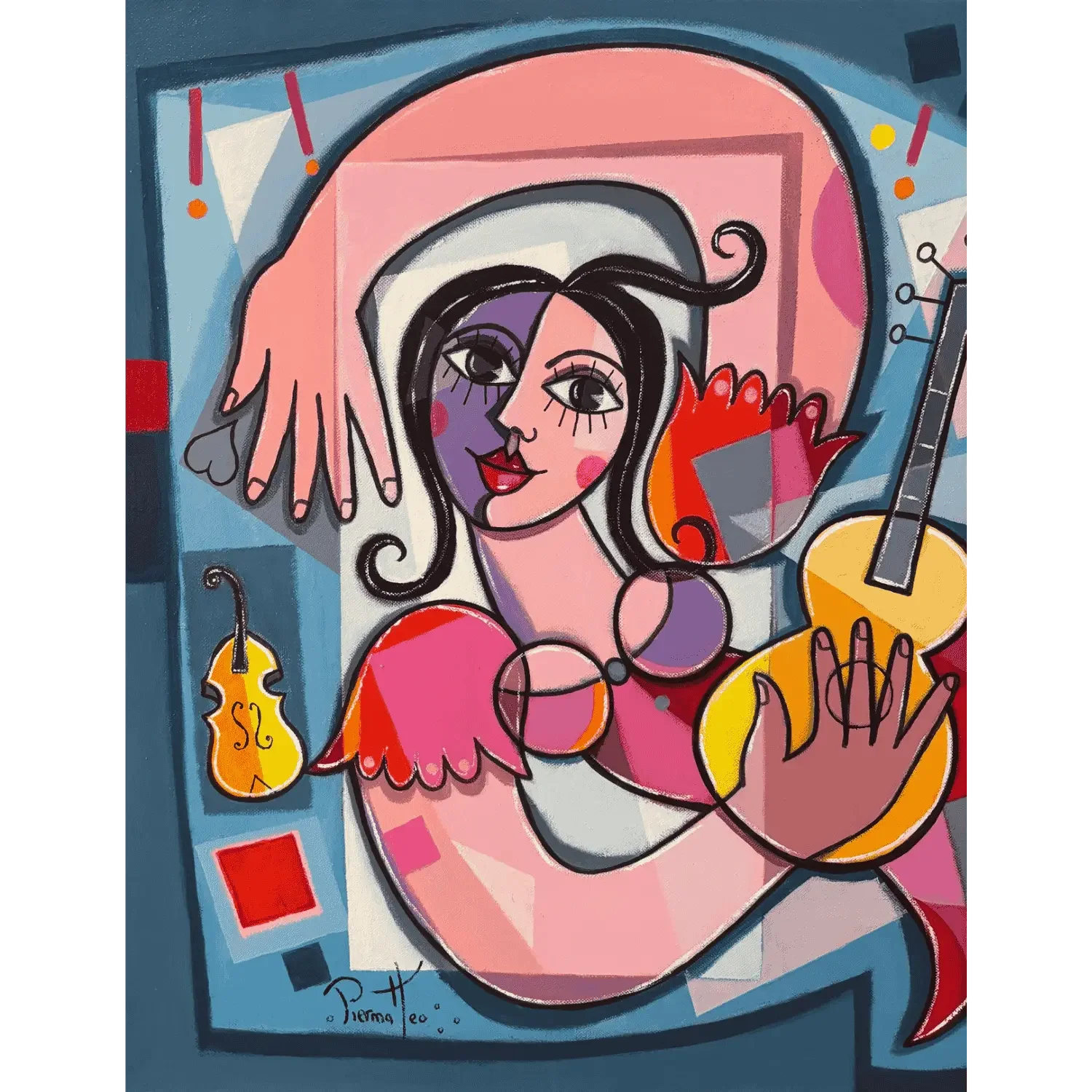 Tableau art naif femme qui joue de la guitare giuseppe piermattéo Galerie Graal Art Contemporain .webp