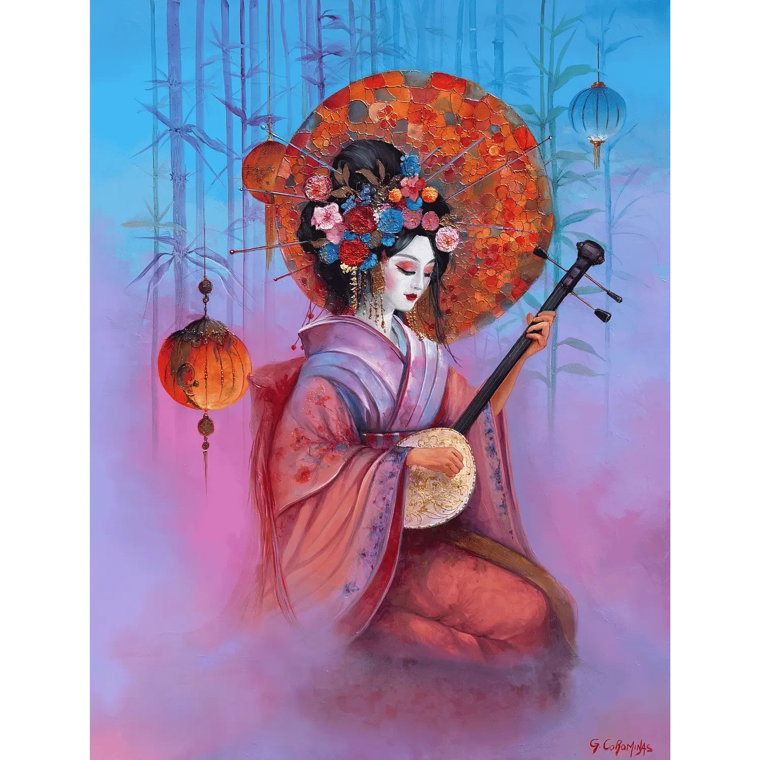 Art contemporain par Georges Corominas - univers asiatique et flou romantique inspiré de Turner avec une musicienne traditionnelle et un soleil couchant..webp