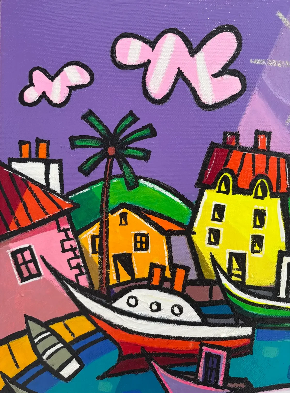 Art Contemporain Tableau village violet art naif de giuseppe piermattéo .webp