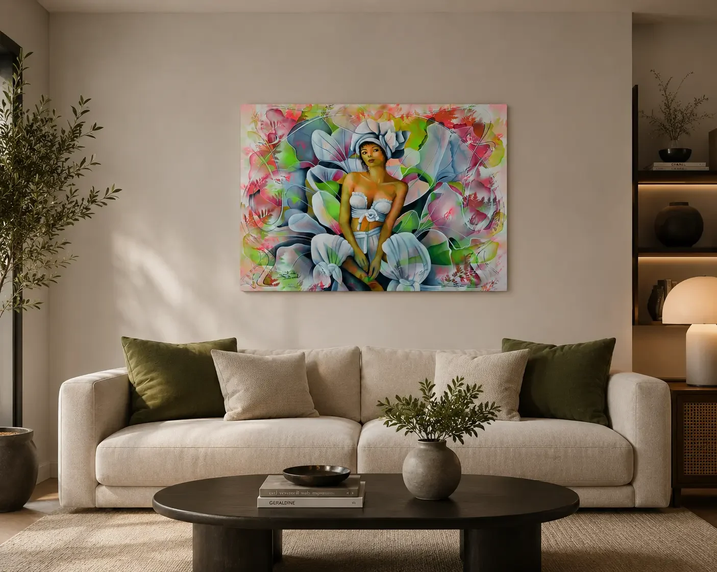 Tableau femme portrait avec des fleurs de jeannette guichard bunel Galerie Graal Art Contemporain .webp