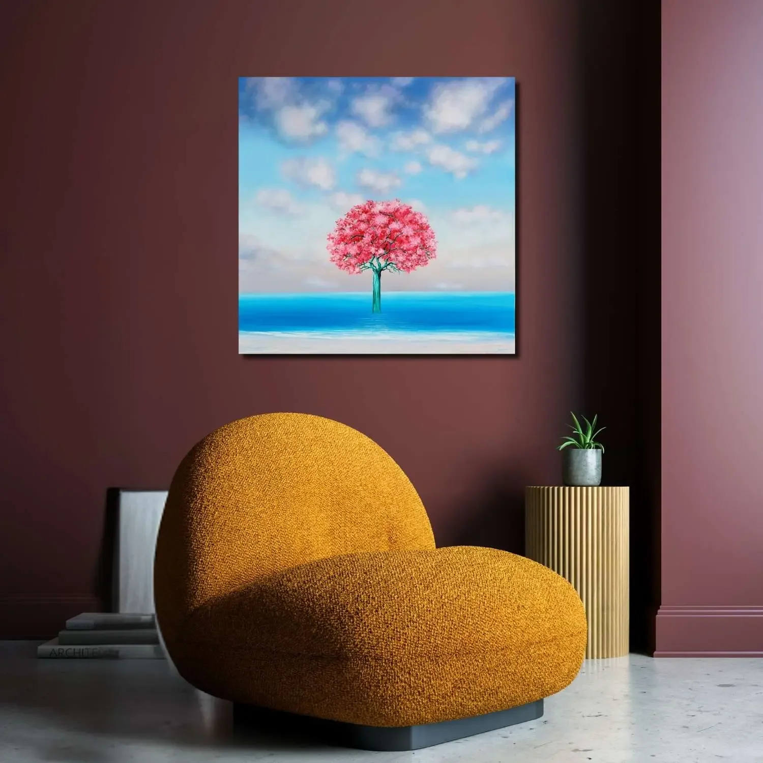 Tableau decoration salon arbre rose plage océan de alexandra battezzati Galerie Graal .webp