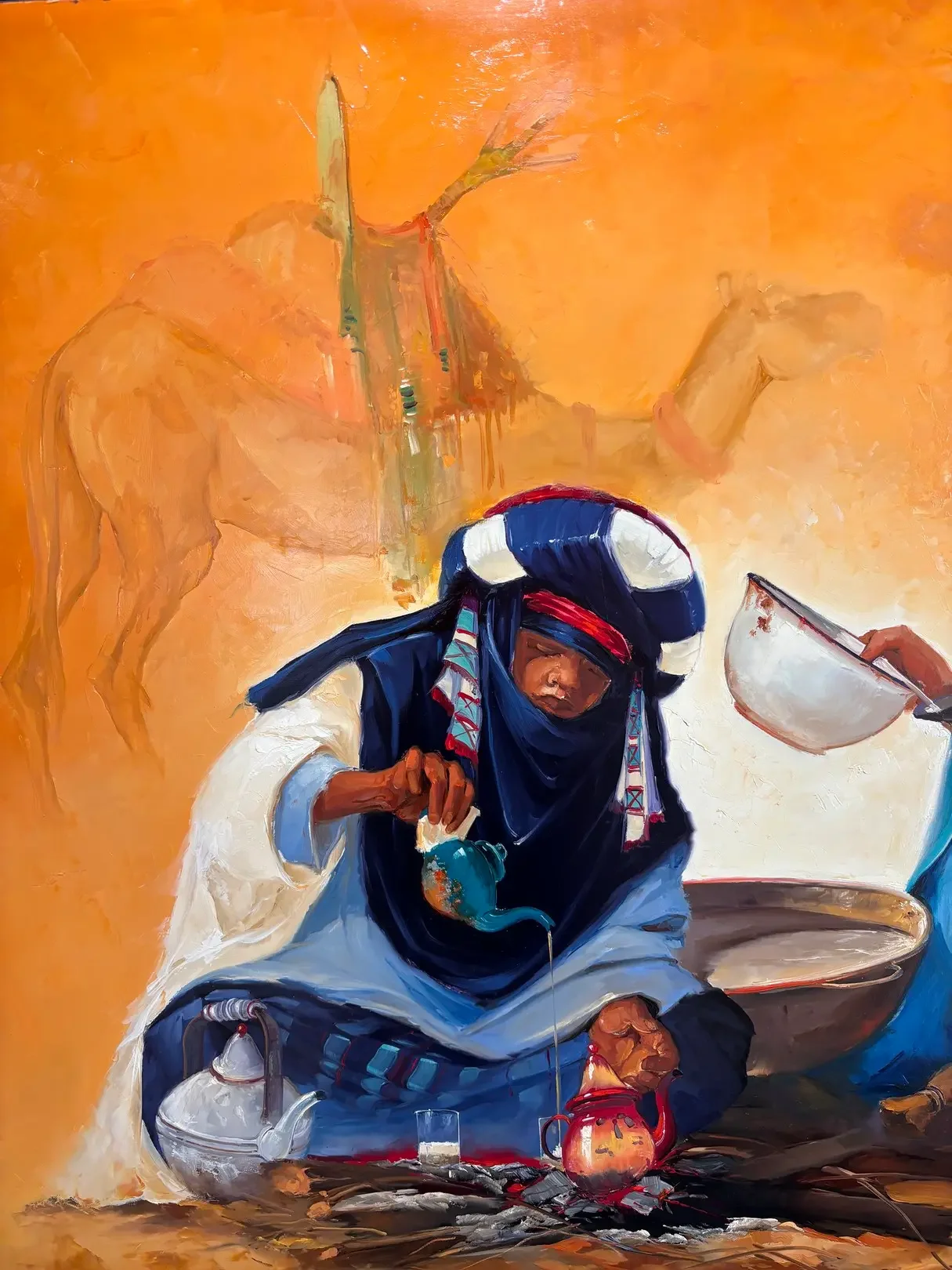 Peinture orientaliste de Georges Corominas mettant en scène des Touaregs préparant le thé autour d'un feu de camp.webp