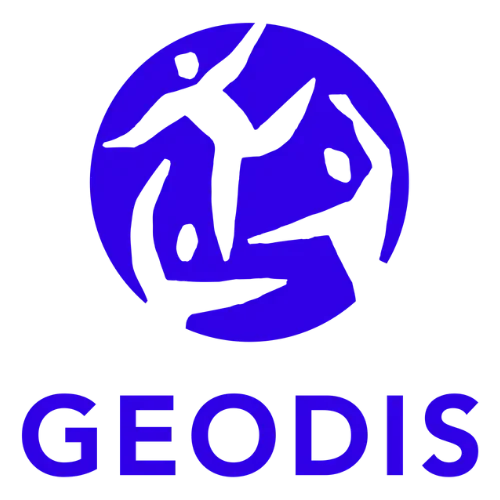 Logo bleu avec un symbole circulaire et le texte "GEODIS" en dessous.