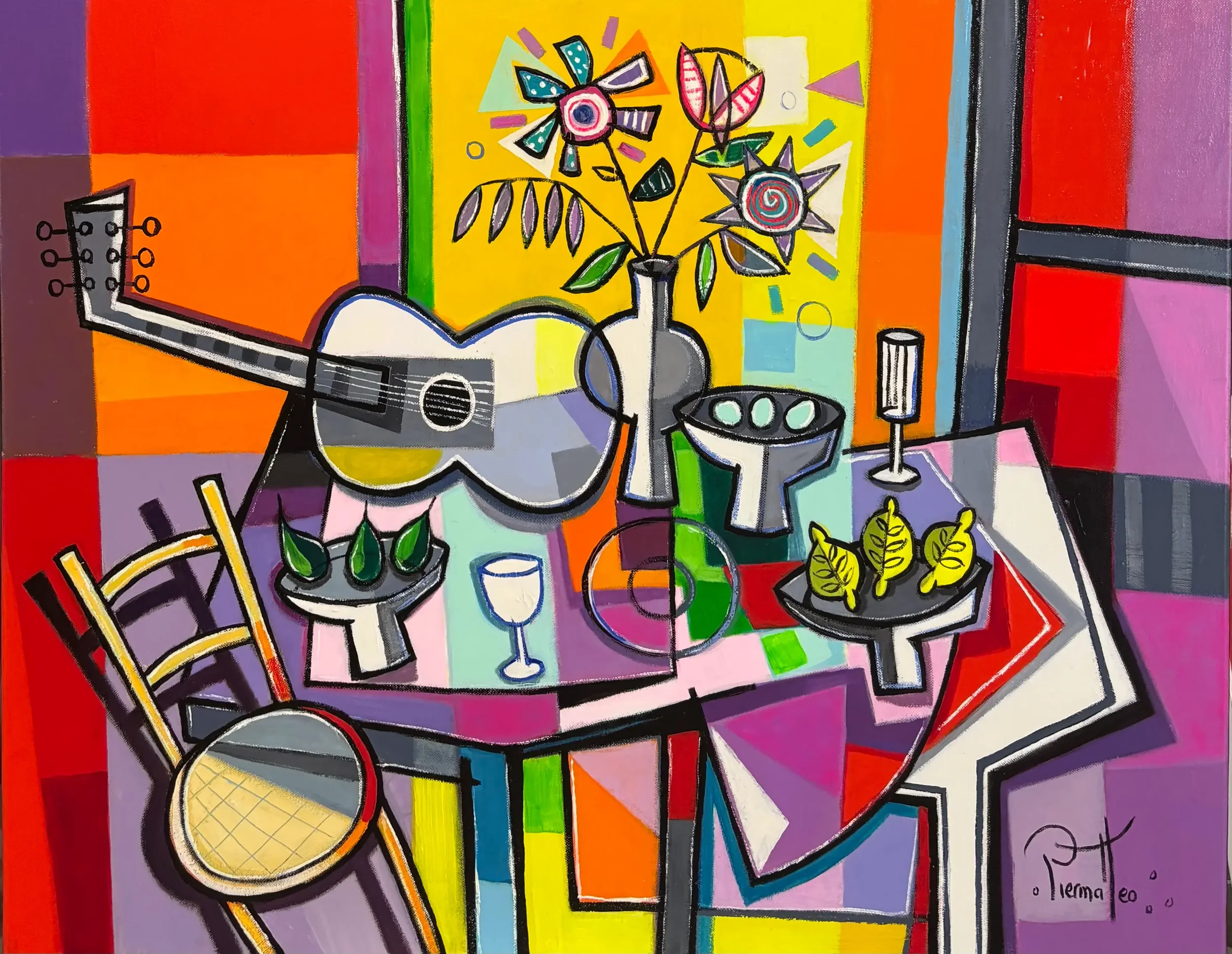 Tableau guitare art naif pop art musique de giuseppe piermattéo Galerie d'art Agen .webp