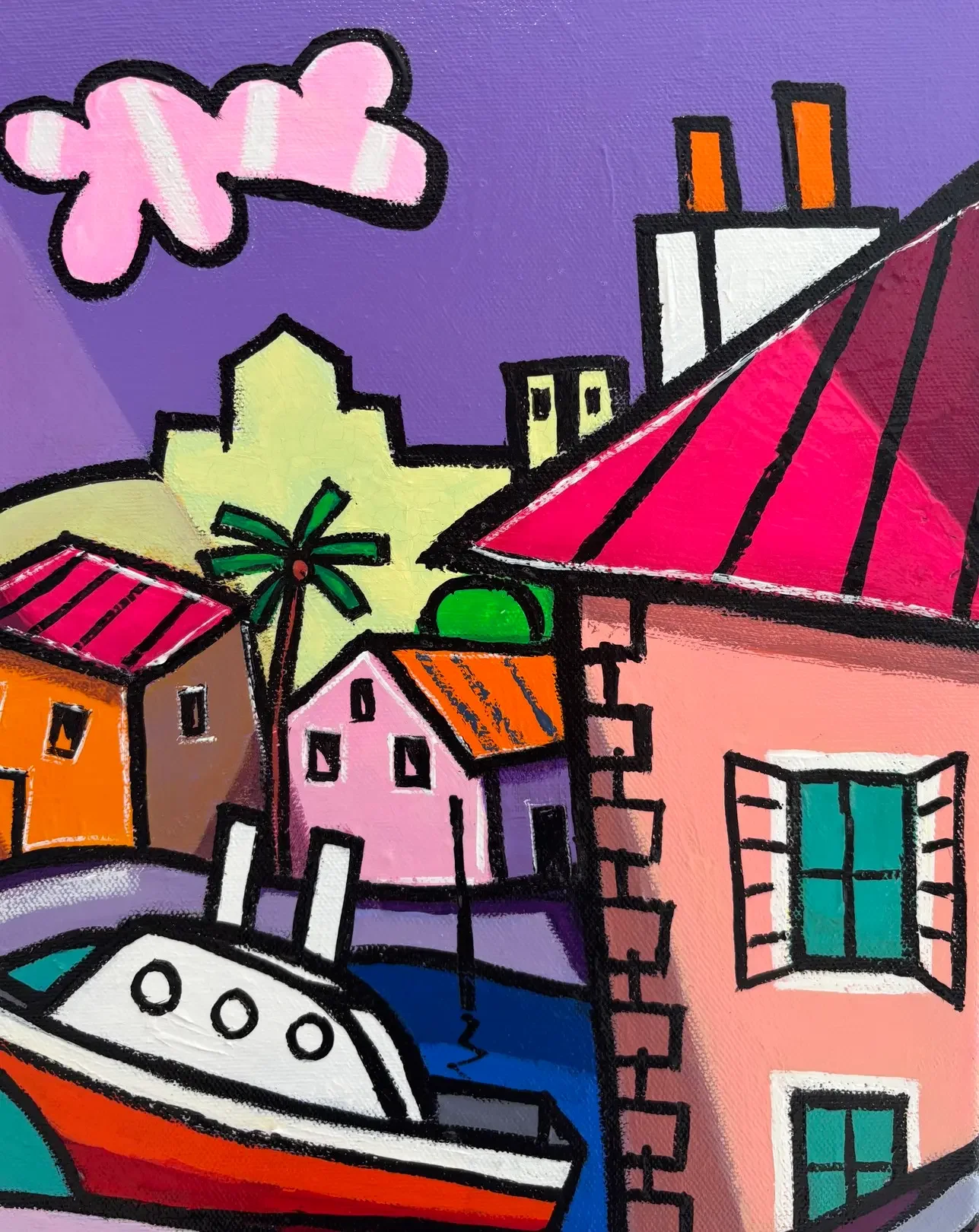Tableau village violet art naif de giuseppe piermattéo  Art Contemporain .webp