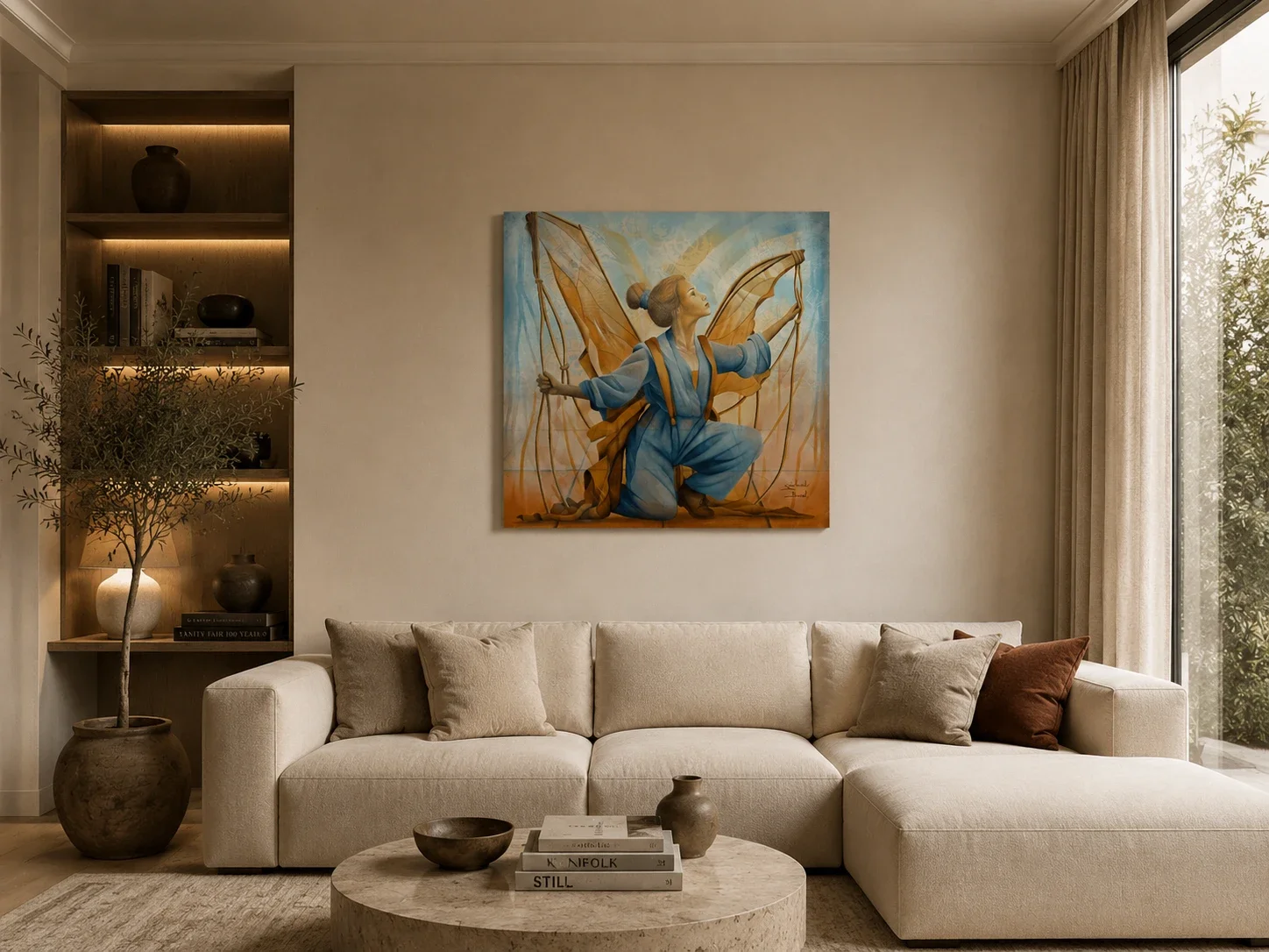 place ce tableau sur un mur dan sun salon le tableau portrait femme avce des ailes de jeannette guichard bunel Galerie Graal .webp
