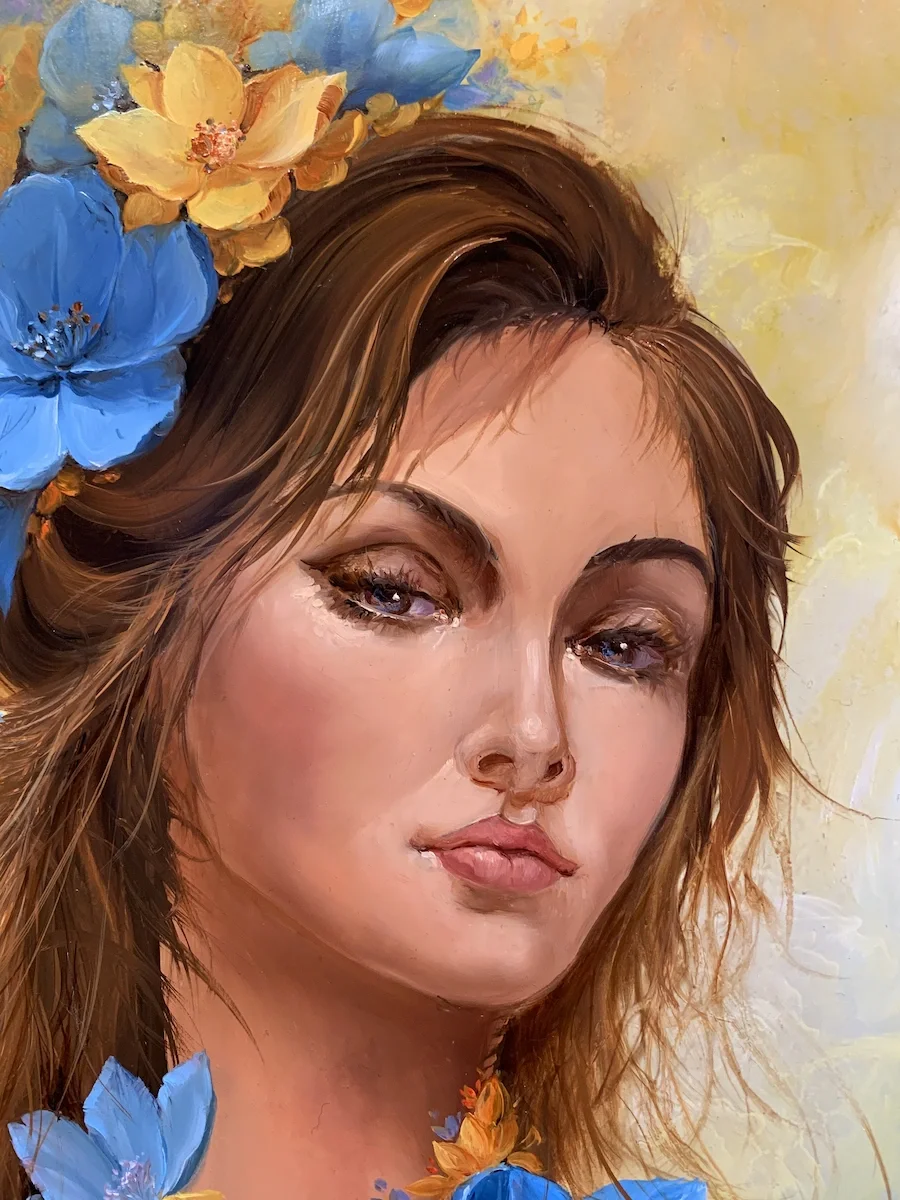 Galerie Graal tableau portrait femme fleurs de printemps de ludivine corominas.webp