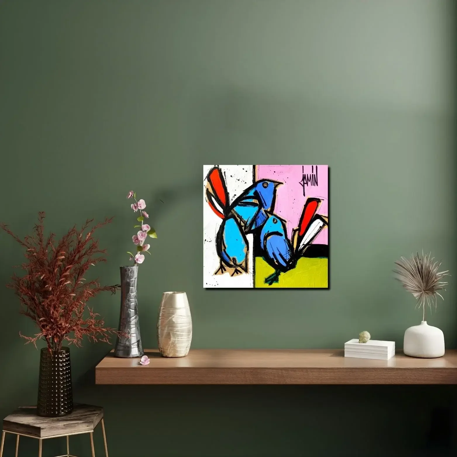 Petit+tableau+couple+oiseau+rose+et+bleu+de+david+jamin+Galerie+Graal+Art+Contemporain+ (1).webp