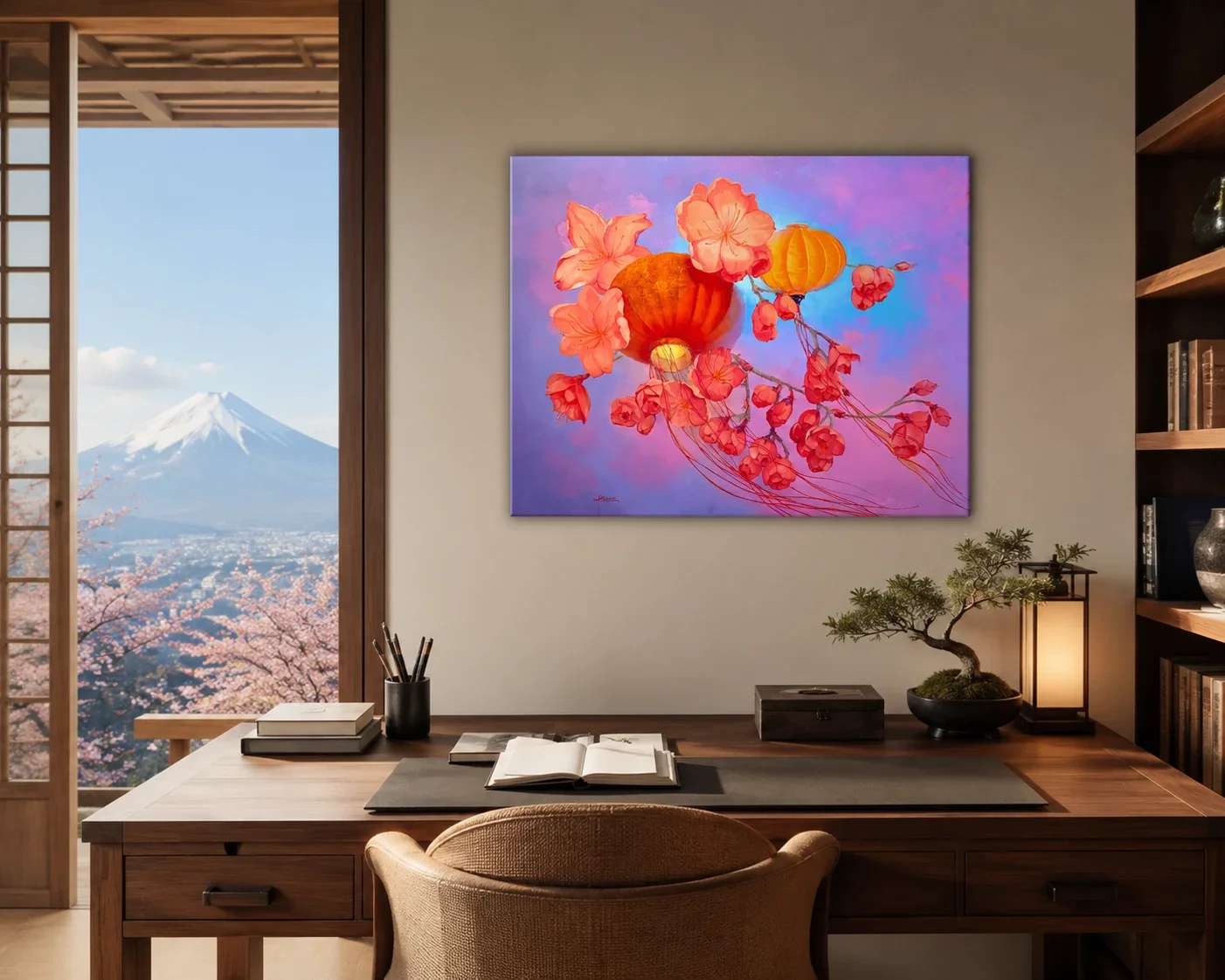 tableau fleurs d'asie lampions de ludivine corominas Galerie Graal .webp