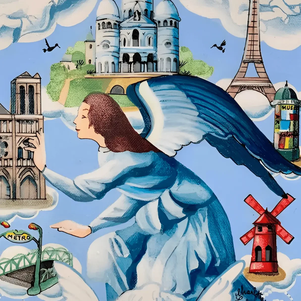 Tableau un ange a paris tour eiffel de charlotte lachapelle Galerie Graal  art naif contemporain