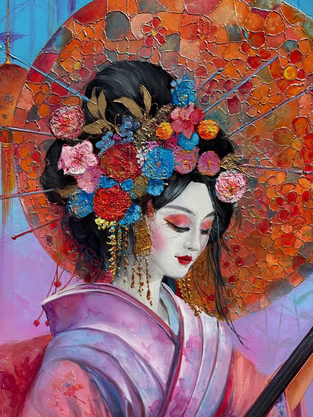 Œuvre d'art poétique de Georges Corominas mettant en scène une joueuse de shamisen traditionnelle plongée dans une brume mystique et lumineuse..webp