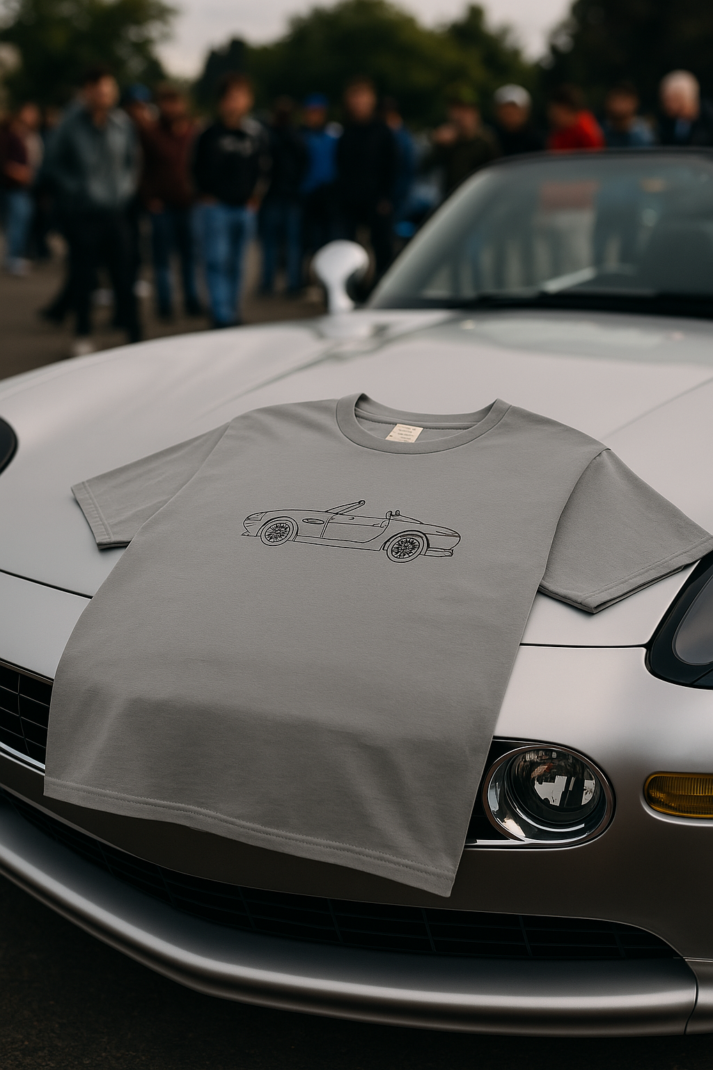 Gray t-shirt with a sports car illustration on a car hood with blurred crowd.