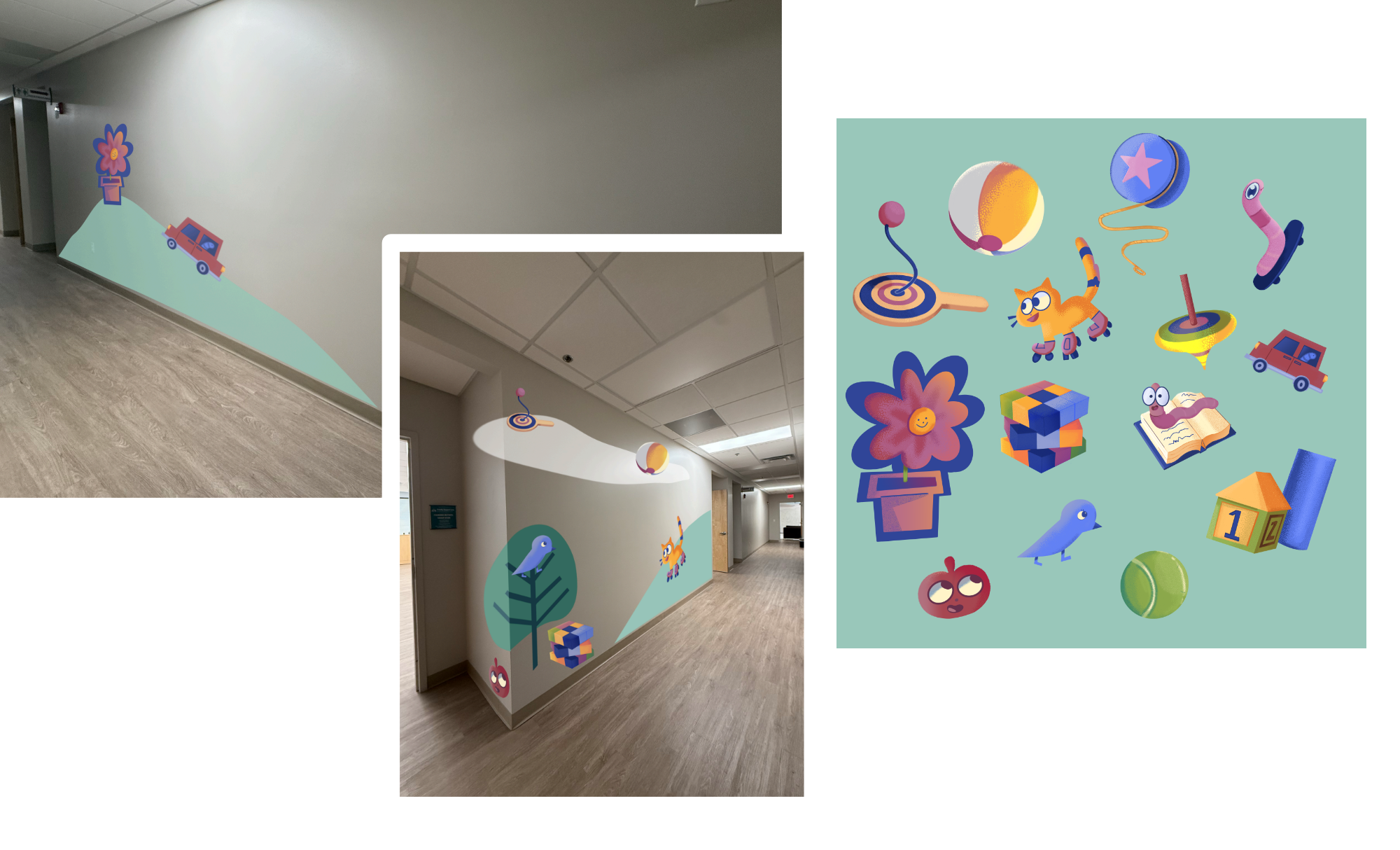 Mural design - Designs (right) by me, with mockups by project lead Steph Untz! 
