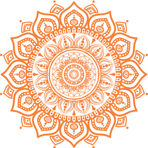 Orange mandala with intricate geometric and floral patterns, featuring concentric circles and petal-like shapes.