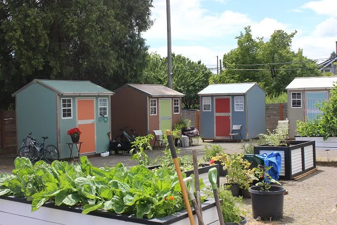 Community garden with safe stay units, lush green plants, and gardening tools under a sunny sky.