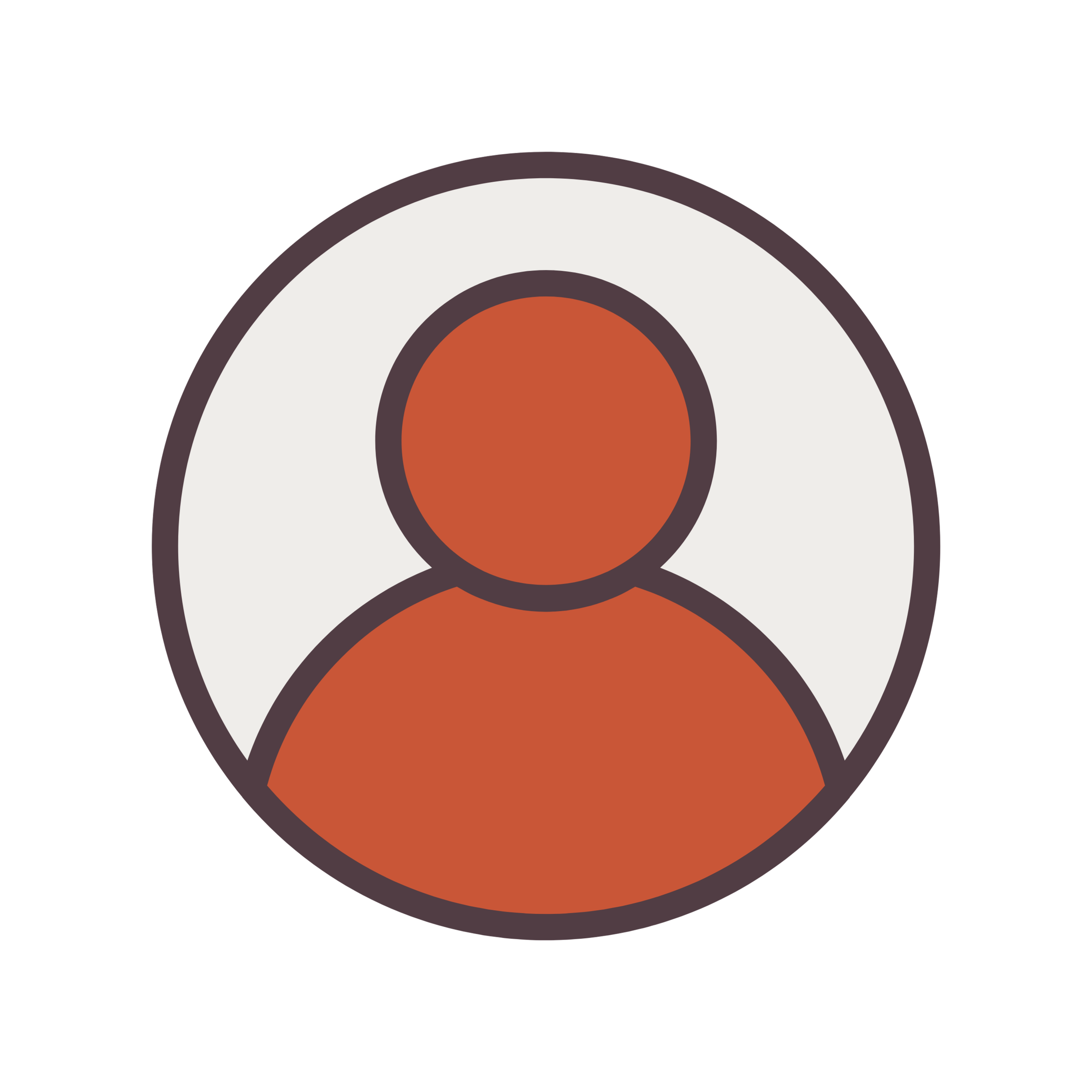 A stylized illustration of a person with a round red head and orange body, surrounded by concentric circles in white, gray, and black.
