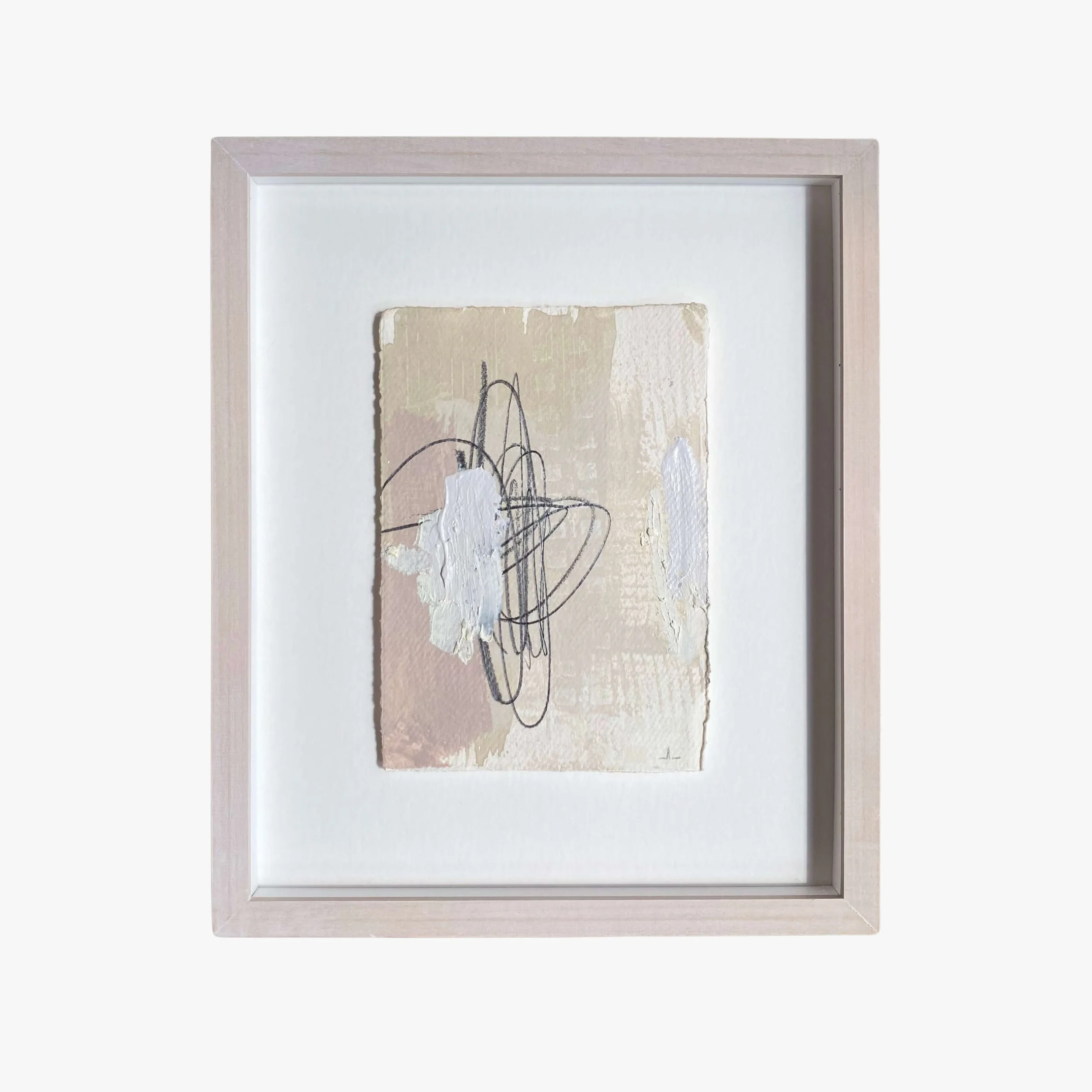 A Quiet Space - Joanna Lynch 34.5 x 29cm (framed)  Acrylic and mixed media on 100% cotton paper  Float-mounted in a lime-waxed natural wood frame £195