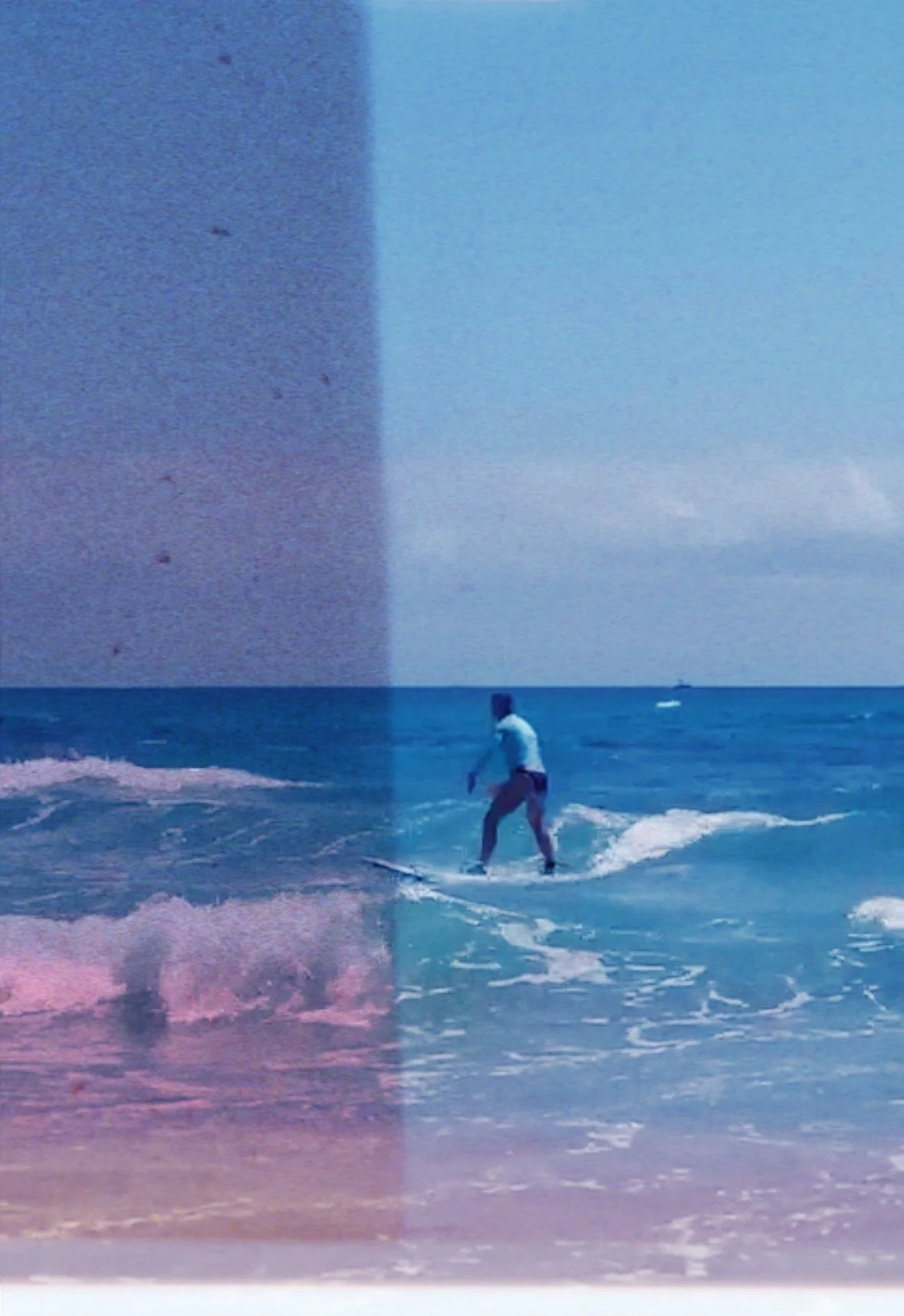 A person surfing in the ocean with a boat in the distance, the photo has a split color overlay.