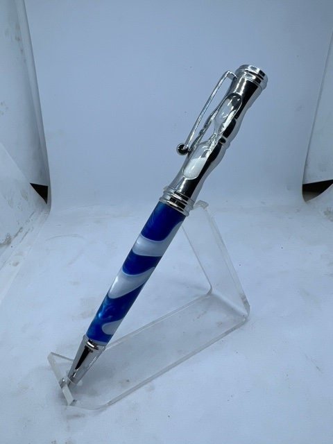 Handturned Hourglass Pen - blue and white with a 60-second hourglass in the top