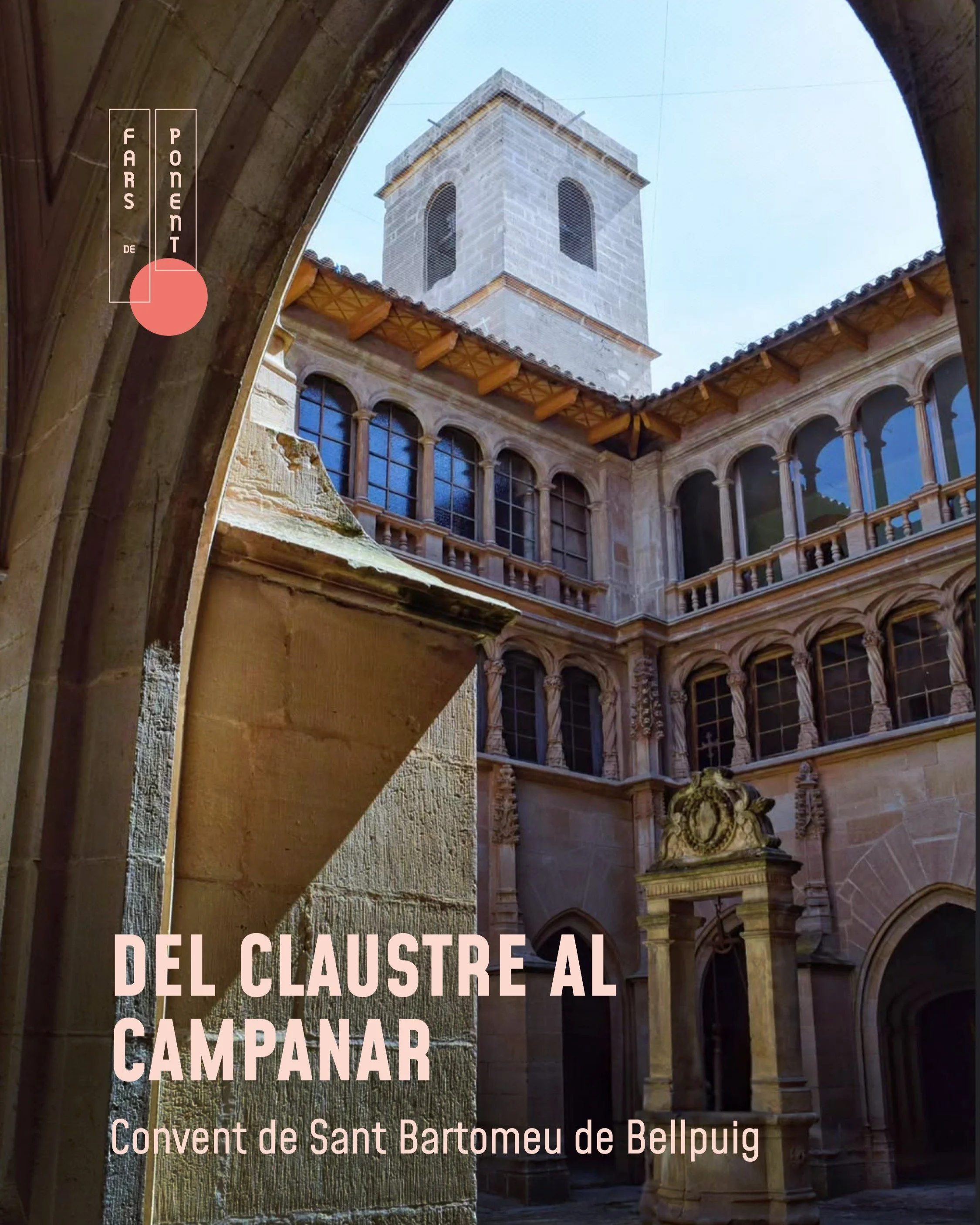 Del claustre al campanar.
Al Convent de Sant Bartomeu de Bellpuig, el recorregut tamb&eacute; s&rsquo;explica en vertical. Des de la galeria de llevant del claustre, una escala de cargol renaixentista condueix fins al campanar i al primer pis del con