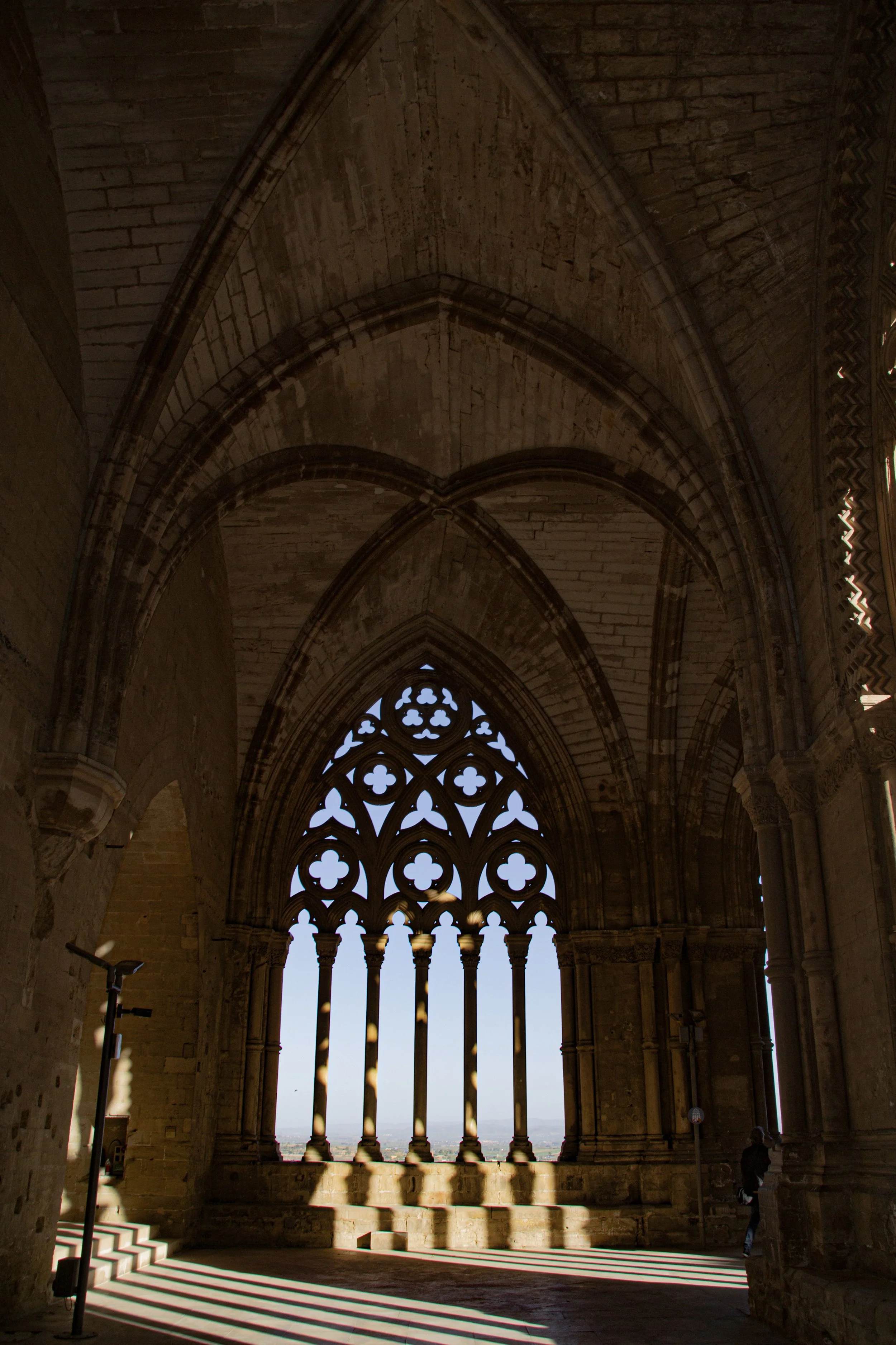 Finestral gòtic del claustre de la Seu Vella de Lleida amb vistes sobre la ciutat.