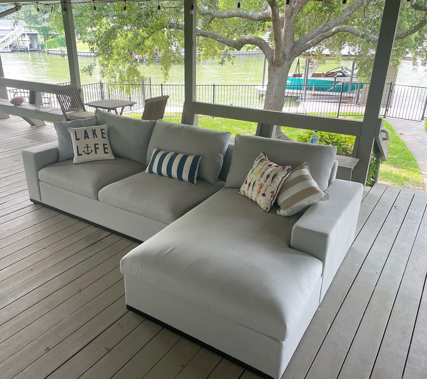 Our new Wade Outdoor Sectional looks right at home on this beautiful lakeside back porch. So comfy you won&rsquo;t believe it&rsquo;s meant for outdoor use and so durable, the weather and elements won&rsquo;t touch it. Click the link in our profile t