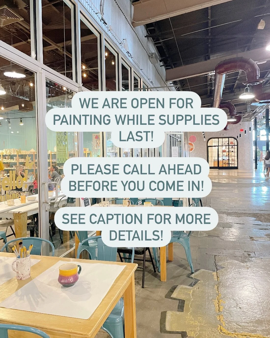 Hello friends! We have been blessed by an unexpectedly busy holiday season at our store, and are running very low on the pottery we have in stock! PLEASE call us before you plan on coming in to paint, so we can let you know what we might still have. 