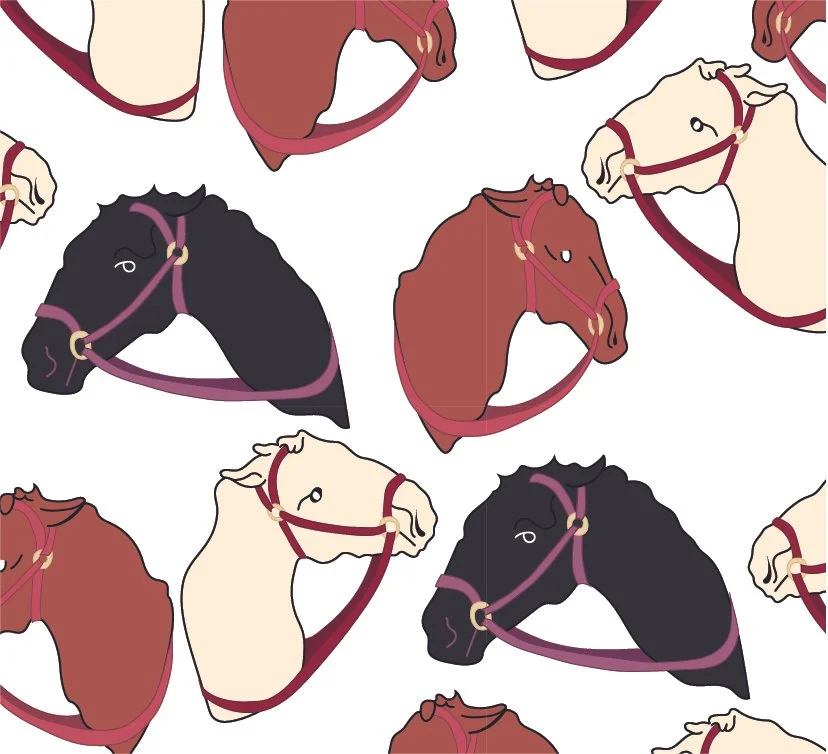 Pattern of illustrated horse heads in black, white, and brown, each wearing a harness.