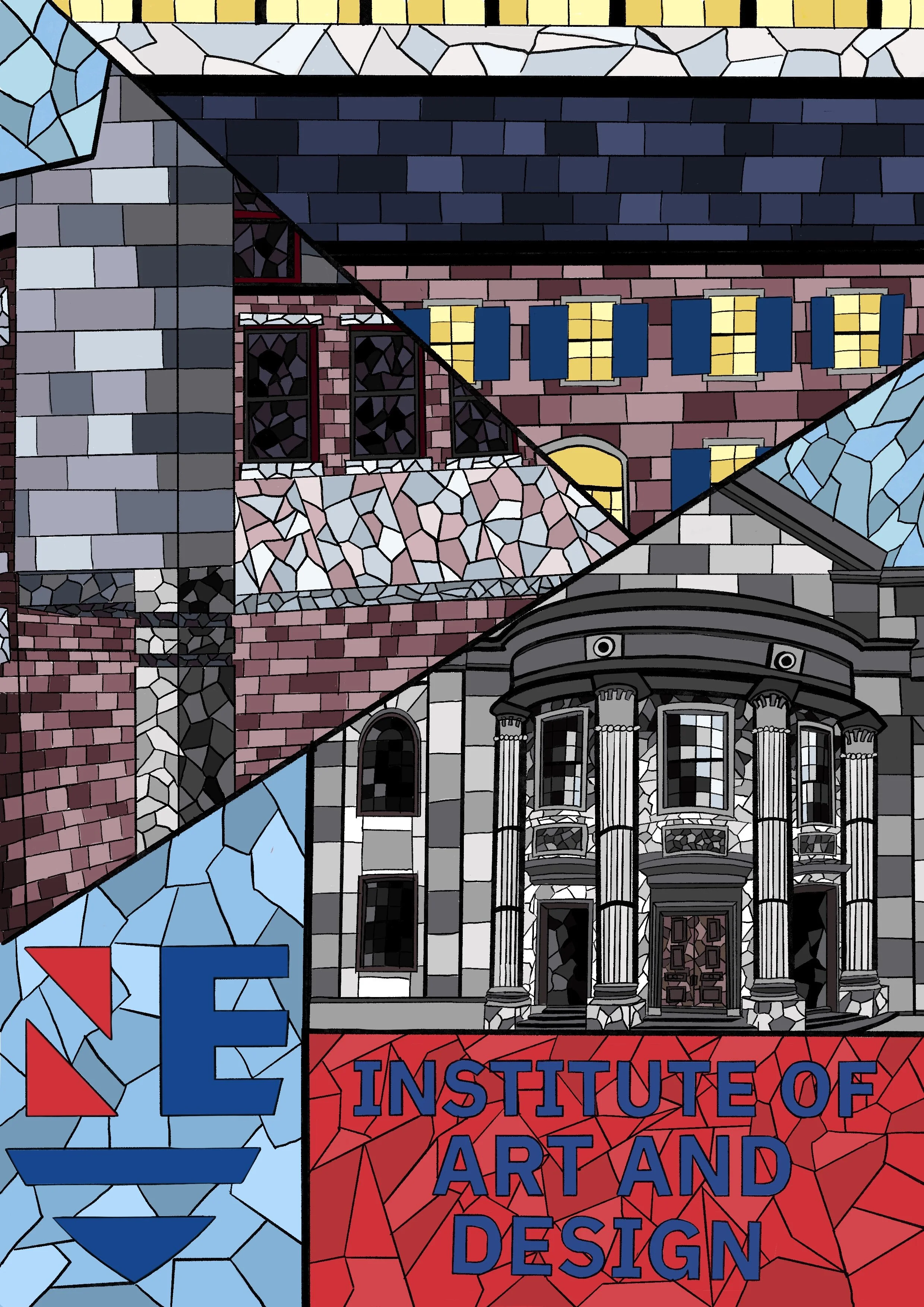 Illustration of a college building with a sign reading 'Institute of Art and Design' in mosaic style.