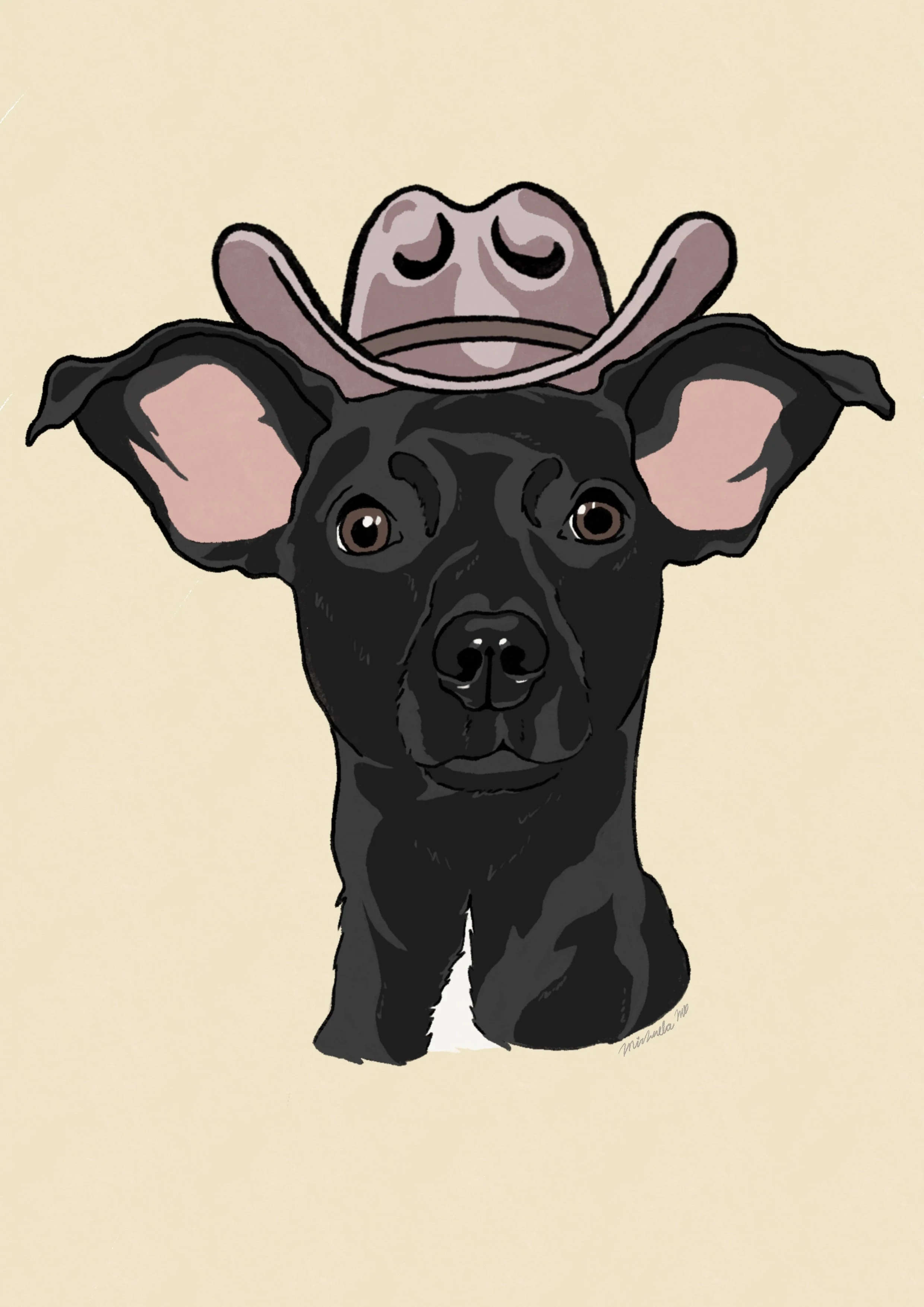 Illustration of a black dog with large ears, wearing a pink cowboy hat.