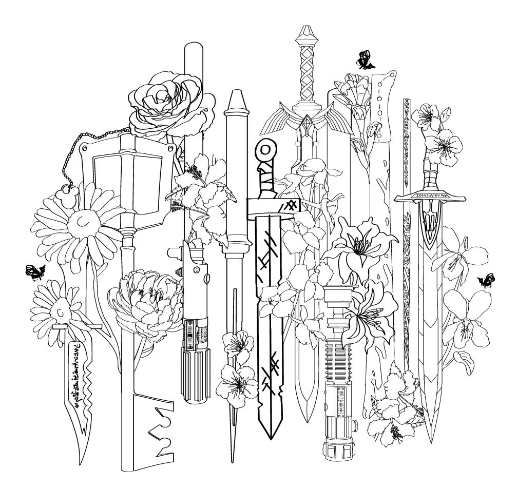 Line art drawing of various flowers, including roses and daisies, intertwined with weapons such as swords and knives, and decorated with small butterflies.