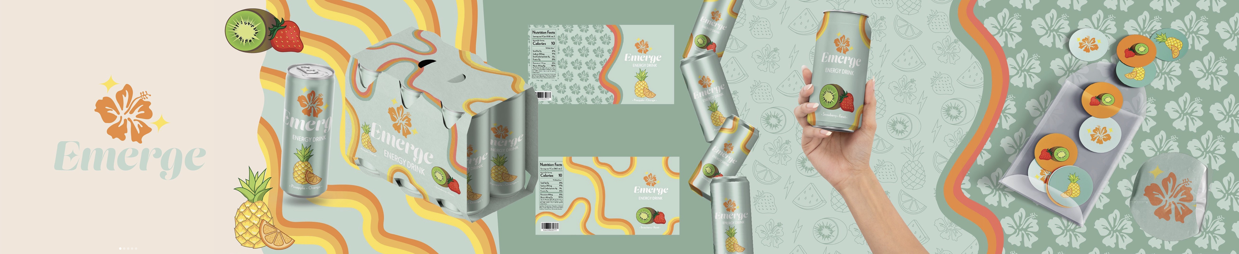A flat lay of cans of Emerge energy drink with fruity graphics, a box of cans, a hand holding a can, and a tray with fruit stickers, all on a colorful, tropical-themed background.