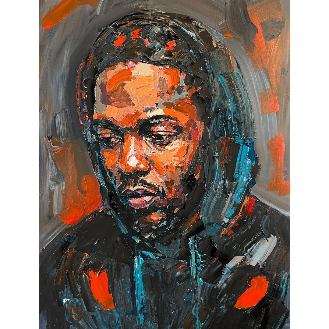 Kendrick Lamar In a Black Hoodie Pensive Impasto Acrylic Portrait Painting 13x19"