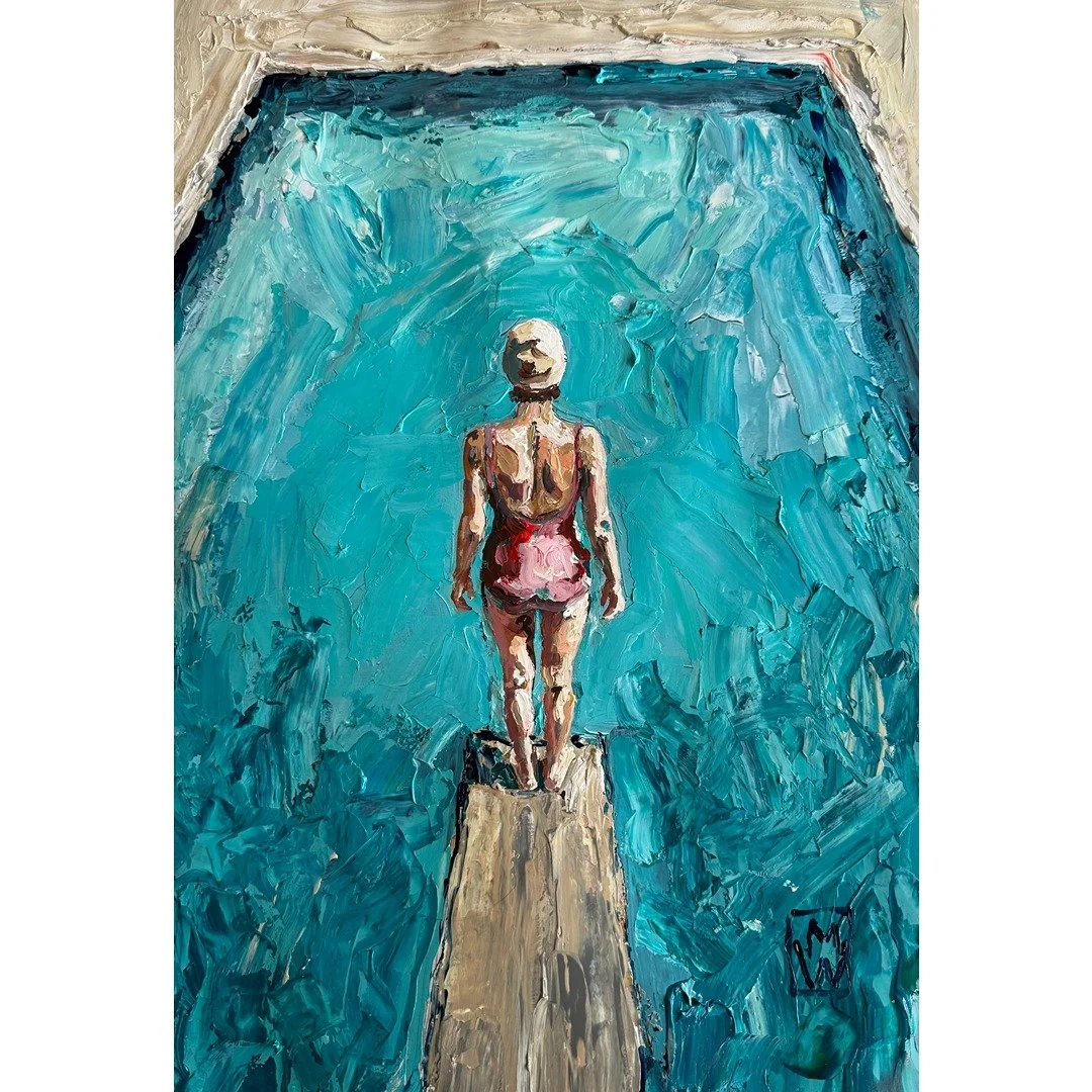Original Pool High Diving Woman Impasto Painting Wall Art