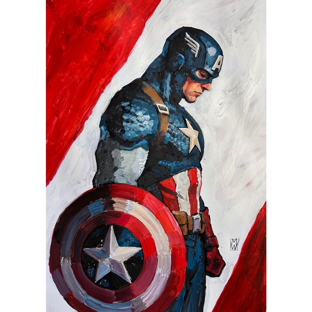 Original Classic Captain America w/ Flag Impasto Painting 13x19"