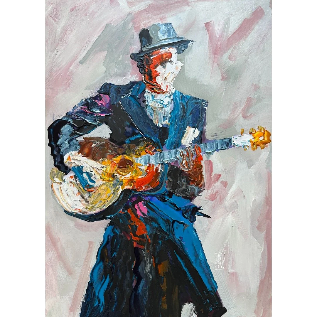Abstract Robert Johnson Blues Music Palette Knife Portrait Painting 13x19"