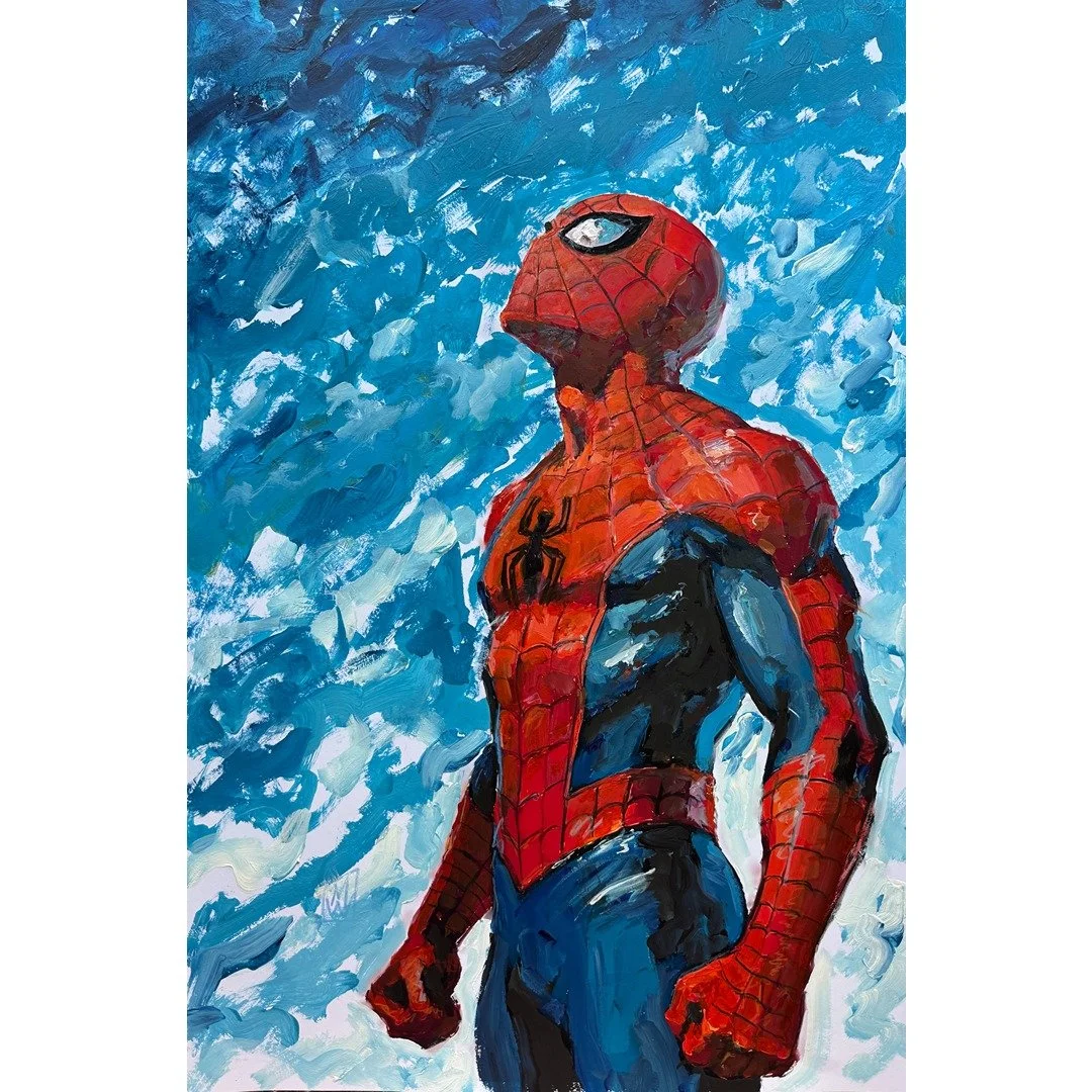Original Impasto Spider-Man Blue Sky Painting 13x19"