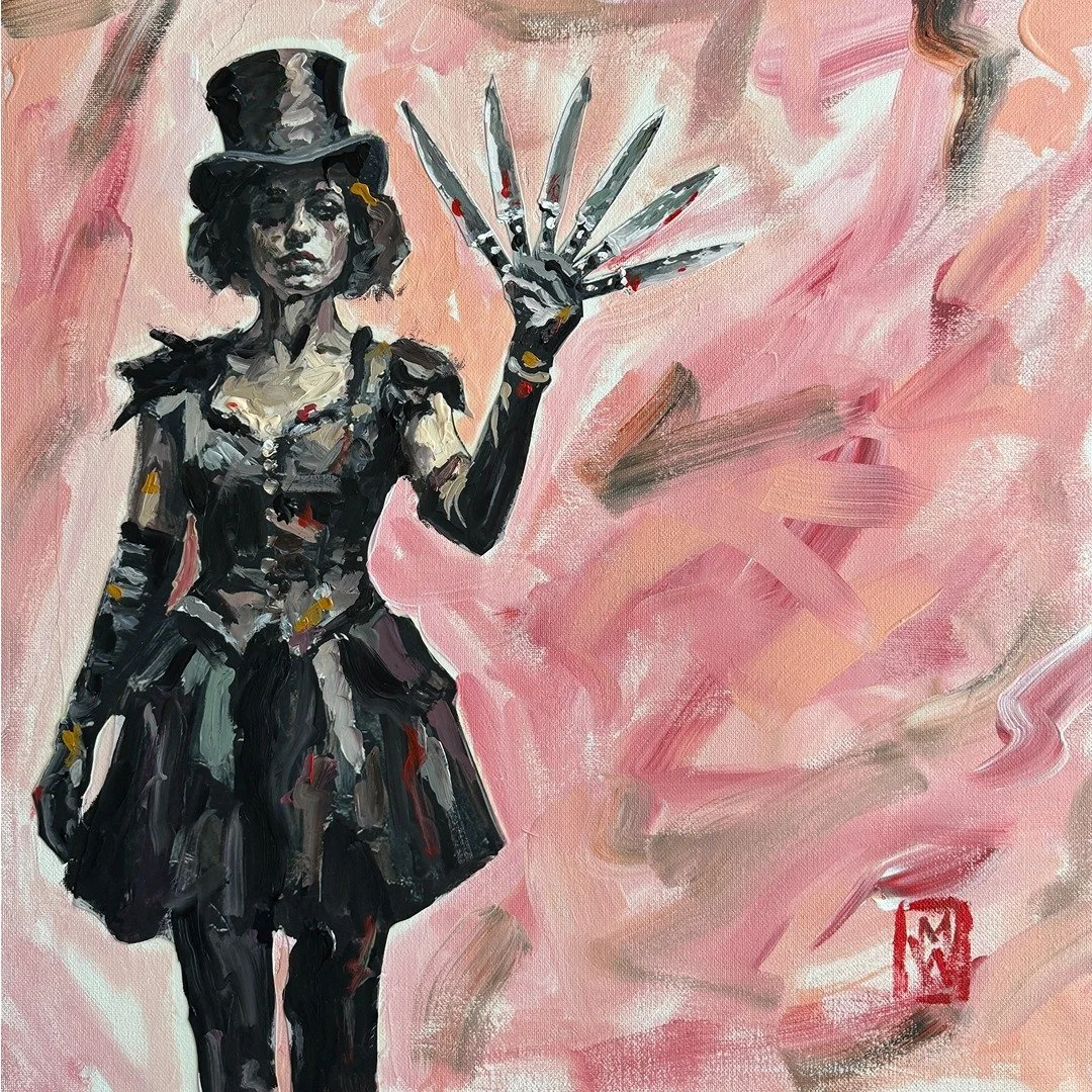 Original Impasto Knife Thrower Circus Female Figure Art Square Canvas Painting 18"