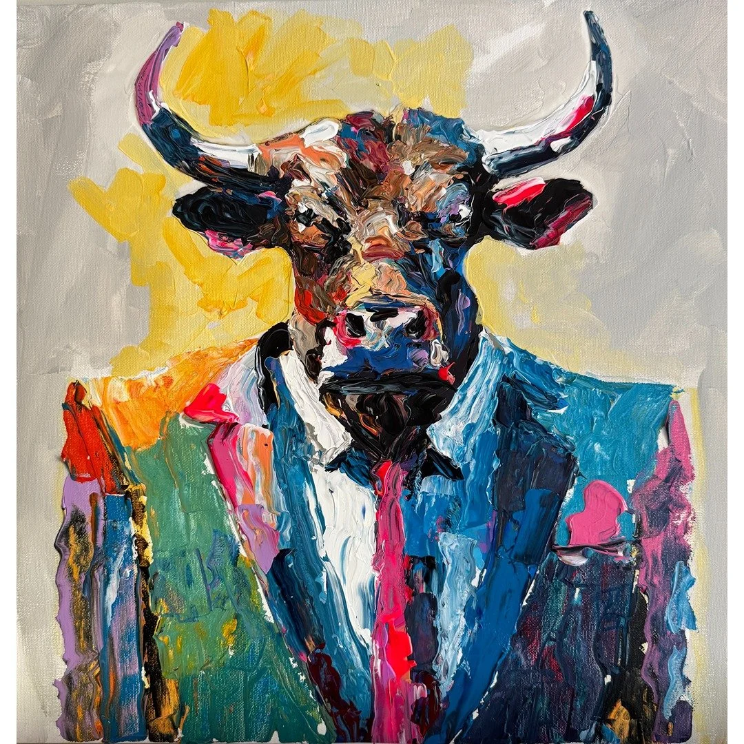 Original Impasto Bull in a Suit Business Stock Market Square Canvas Painting 18"