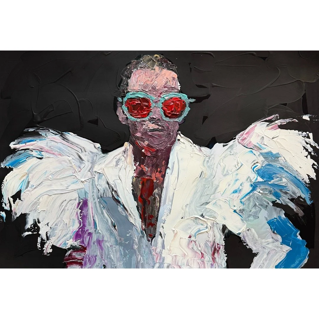 Elton John in Fab Feathers Palette Knife Portrait Painting 12x16"