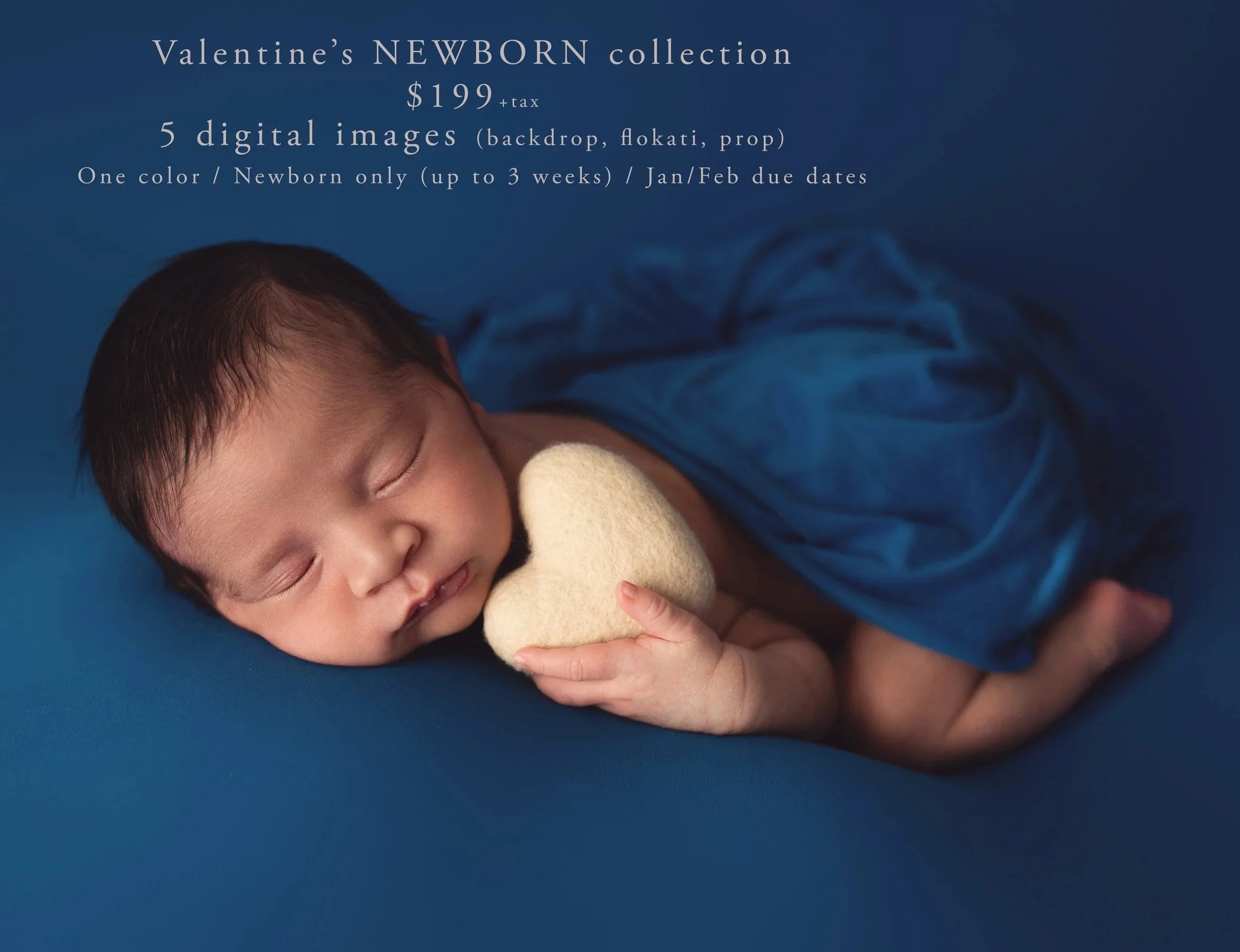 newborn holding a heart while laying on his stomach and advertising a newborn valentine special at snips and snails photography
