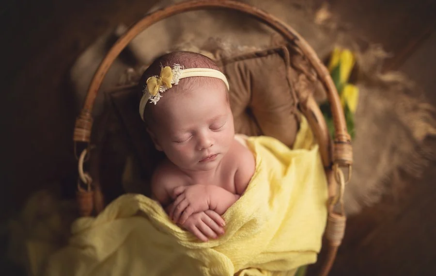 spring newborn photography of a baby in a basket with flowers in a studio near hagerstown md