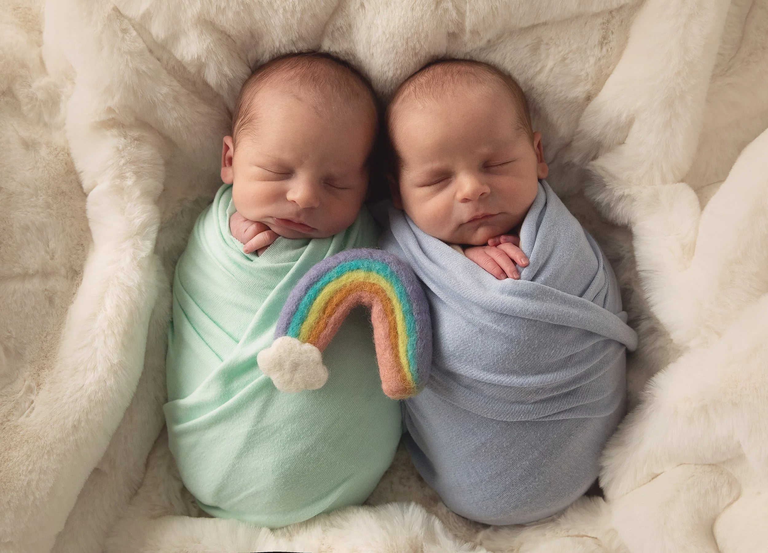 newborn twins swaddled in pastel colors with felted rainbow showing they are rainbow babies