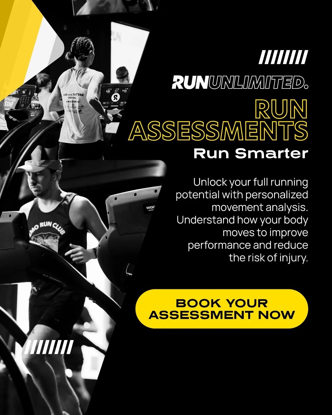 Run Smarter 🧠🏃&zwj;♂️
Don&rsquo;t just train harder&mdash;train smarter.

Our personalized Run Assessments help you:
🔍 Analyze movement patterns
🦵 Improve running mechanics
⚡ Boost performance
🚫 Reduce injury risk

Perfect for runners of all lev