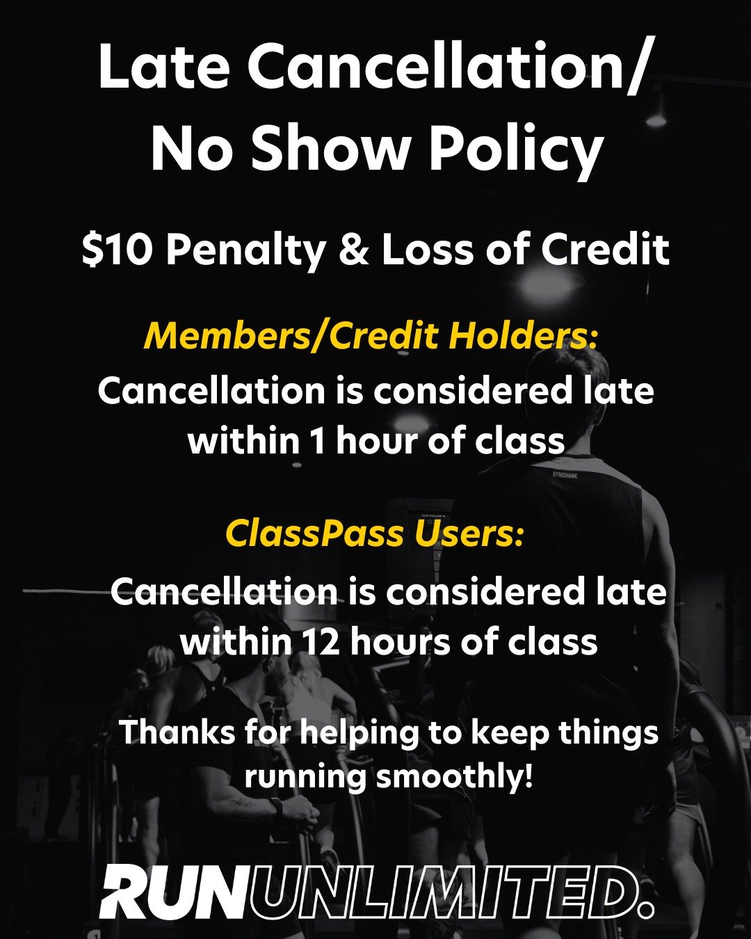 Reminder!!!

We know life happens and plans change, but to keep things running smoothly and give people who want to attend class the opportunity to run:

There is a late cancellation fee of $10 and a loss of the credit used on the class. This also ap