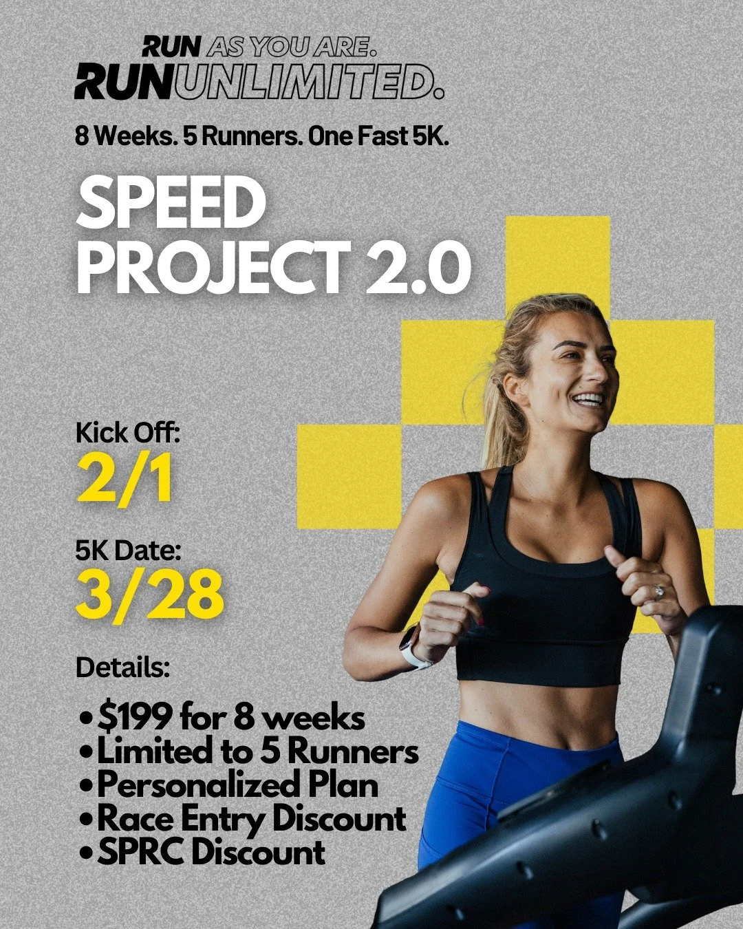 🏁 RUN UNLIMITED 8-WEEK SPEED PROJECT! 🏁

We&rsquo;re selecting FIVE runners to join an exclusive 8 week training experience, Speed Project 2.0.

The mission?
Get faster. Get stronger. Run your first or fastest 5K ever at the @FloridaRoadRaces St Pe